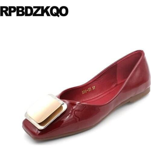 Metal ballerina 2019 patent leather cheap soft ballet flats women slip on ladies large size square toe leisure shoes red wine