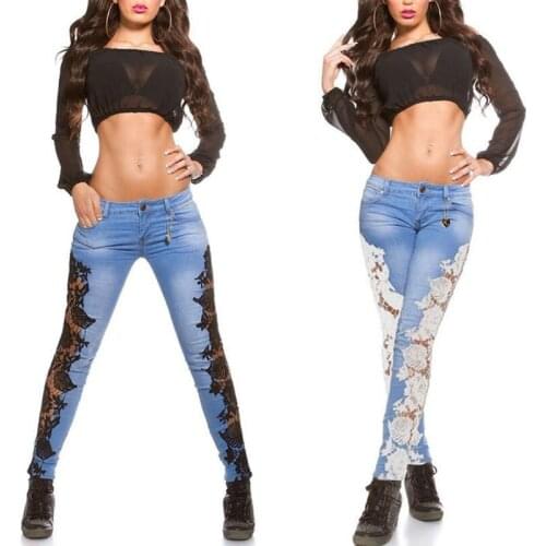 Fashion Crochet Lace Patchwork Jeans Woman Vintage High Waist Distressed Jeans Women Sexy Hollow Out Skinny Denim Pencil Pants