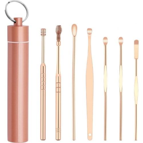 7pcs/set LED Ear Wax Pickers Stainless Steel Earpick Wax Remover Curette Ear Pick Cleaner Ear Cleaner Spoon Care Ear Clean Tool