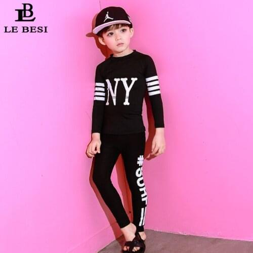 LE BESI 2019 New Print Letter Boys Swimsuit Long Pants With Sleeve Kids Two Piece Swimwear Separate Childrens Surf suit