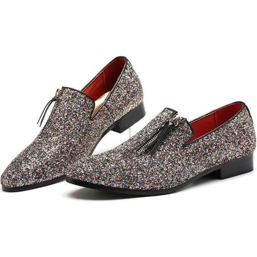 New arrival fashion summer causal zipper tassel mens slip on loafers dress shoes mocasines hombre glitter leather low heels