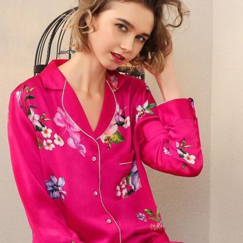 2020 New Real Silk Pajama Female Spring Autumn Silkworm Silk Long-Sleeve Sleepwear Woman Rich Red Two-Piece Pyjama Sets T8182