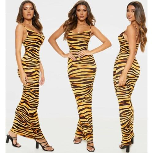 Sexy Women Sleeveless Spaghetti Strap Long Dress Animal Print Striped V Neck Party Cocktail Backless Bodycon Dress