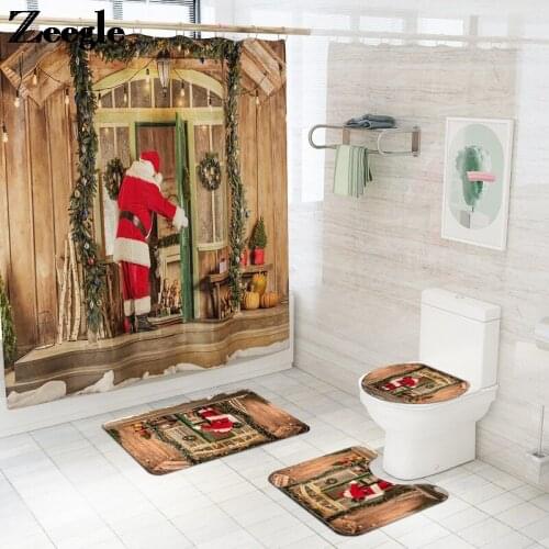 Santa Anti-slip Floor Carpet and Waterproof Shower Curtain Set Absorbent Toilet Mat Floor Pad Printed Bathroom Carpet Rug