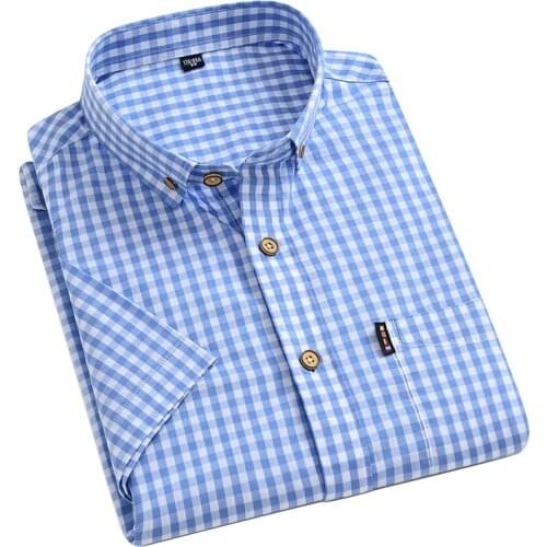 AOLIWEN brand men 100% cotton plaid short sleeve black shirts for men clothing casual button up shirt 2021 camisas para hombre