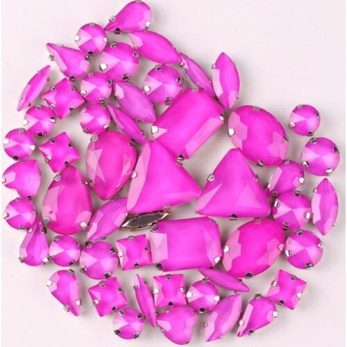 Silver claw settings 50pcs/bag shapes mix jelly candy Fuchsia glass crystal sew on rhinestone for garment shoes bags diy