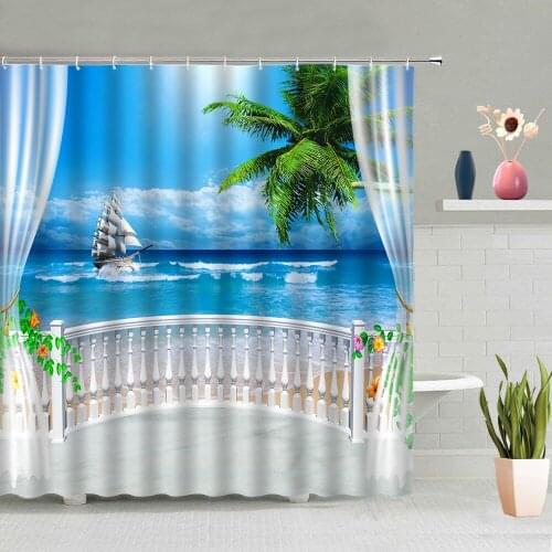 Ocean Beach Landscape Shower Curtain Palm Tree Plants Seagull Birds Boat Summer Natural Scenery Bathtub Decor Screen Washable