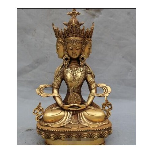 Tibet Buddhism Fane Joss Brass 4 Head kwan-yin GuanYin Amitayus Buddha Statue