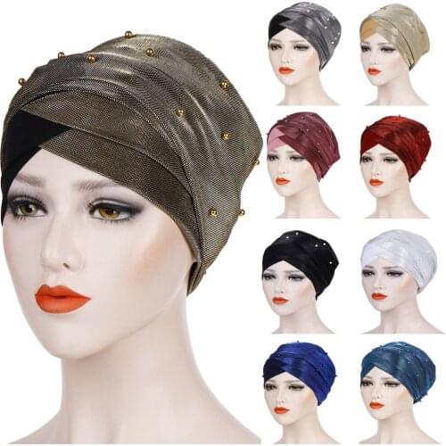 Color Match Islamic Muslin Jersey Inner Hijabs Bright Silk Cloth Beads Headband Bonnet Femme Headscarf Turban Caps Accessories