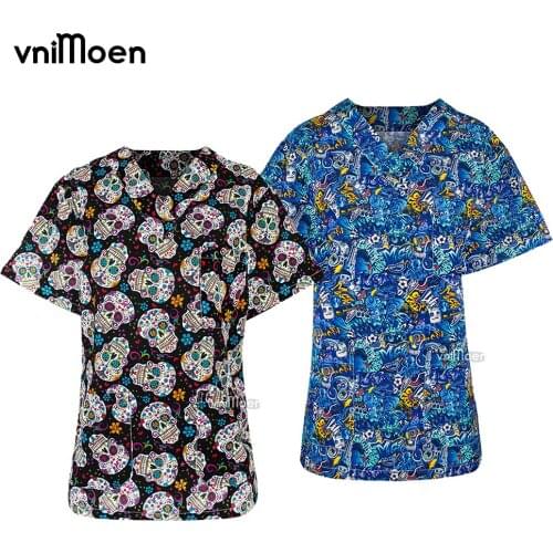Nurse Uniform Women Short Sleeve V-neck Tops Working Uniform Cartoon Print Blouse Lady Clothes Dentist Scrubs Top wholesale