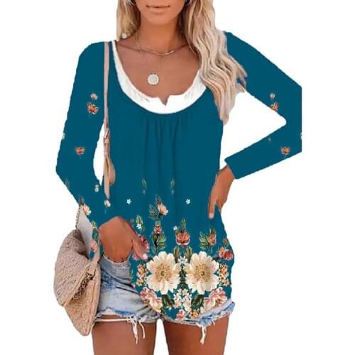 Plus Size Women T-shirt Floral Print Fake Two Piece Autumn Pullover Tee Shirt Casual O Neck Long Sleeve Loose Female Tsirt Top