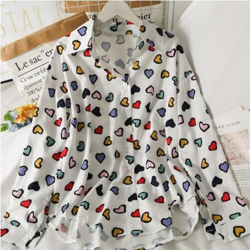 Autumn loose color heart-shaped print turn-down collar single-breasted shirt for women