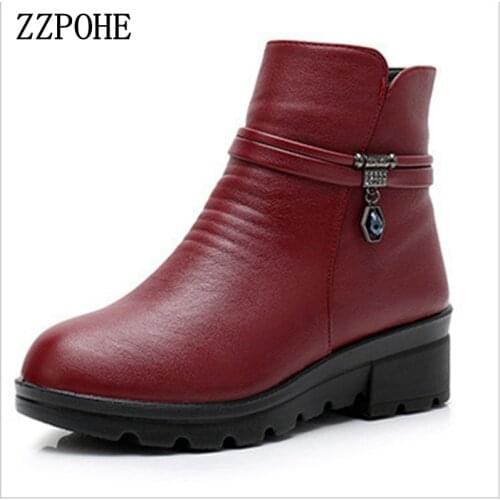 ZZPOHE Women Boots 2018 new genuine leather wedge ankle boots women non-slip waterproof winter boots female warm cotton shoes