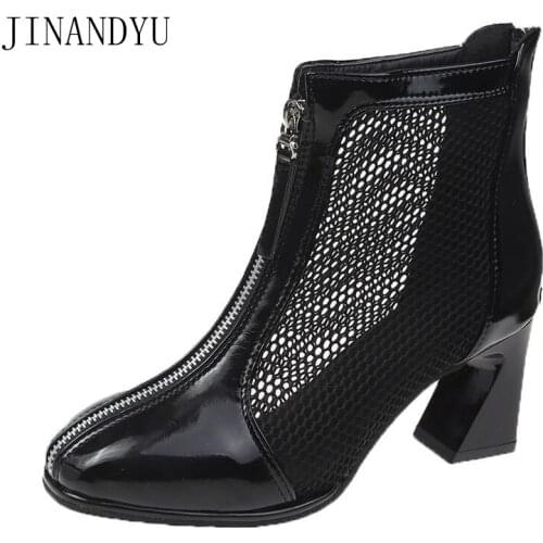 Mesh+Patent Leather Boots Women High Heels Spring Summer Ankle Boots Fashion Front Zip Womans Heels Dress Party Sandale Femme