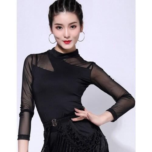 New Arrival Women Ballroom Latin Dance Tops Sexy Irregular Mesh Long Sleeve Samba Top Female Practice Stage Dancing Wear DL5495