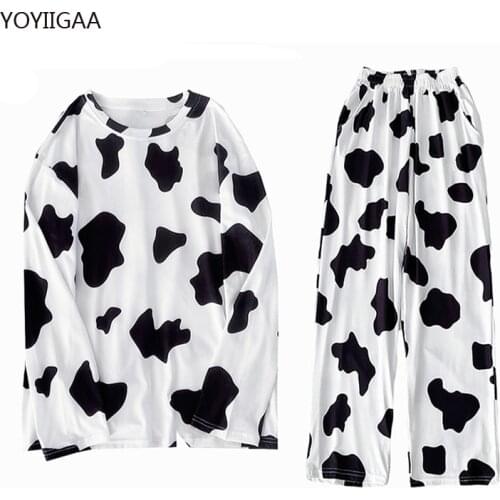 Cow Printed Women 2 Piece Sets Spring Autumn Female Tracksuits Outfits Casual Long Sleeve Tshirt+Pants Suits Oversized Woman Set