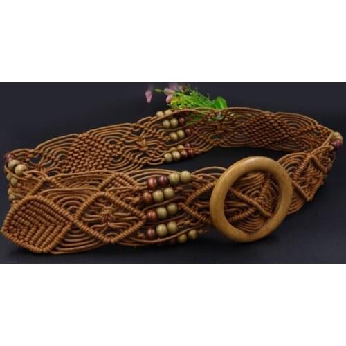 2021 Vintage Wax Rope Braiding Women Belt Round Square Buckle Skirt Belt Knitted Waist Belt Hand-Woven Elastic Belt For Women