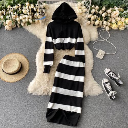 Autumn Knitted Two Piece Women Sets Casual Hooded Womens Sweaters Top And Striped Skirt Elegant Matching Outfits 2 Piece Suit