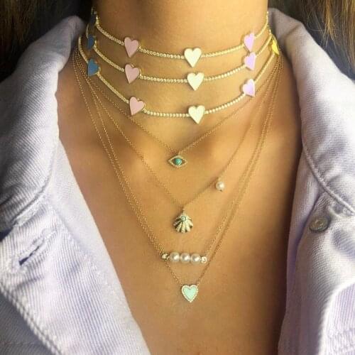 2021 summer gift women jewelry tennis cz choker thin chain rainbow heart charm white pink yellow purple colorful choker necklace