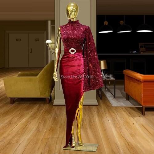 Burgundy Elegant Islamic Mermaid Evening Dress High Neck Floor-Length Sequins Prom Dress Robe De Soiree Aibye Middle East Dubai