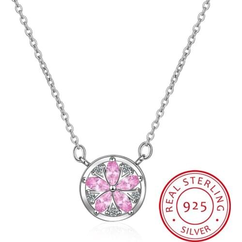 925 Sterling Silver Pink Crystal Cherry Blossom Flower Pendant Necklace For Women Chain Necklce Choker S-n08