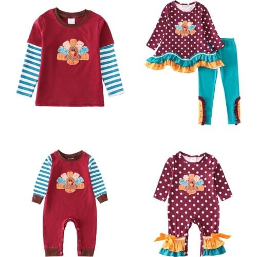 Girlymax Thanksgiving Baby Girls Boys Turkey Wine Stripe T-shirt Romper Polka Dot Pants Set Cotton Family Look Kids Clothing