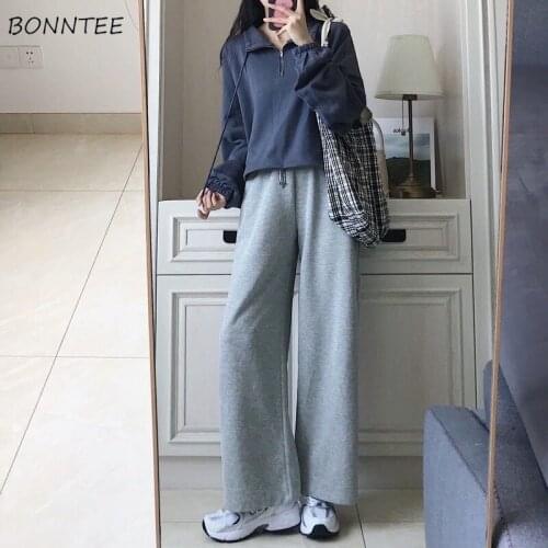 Women Sets Autumn Winter Thicken Solid Long Sleeve Loose Zipper Tops High Waist Drawstring Full-length Casual Pants Students Ins
