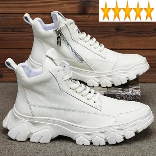 Men England Style High-Top Brand Genuine Leather Sneakers Male Street Lace Up Casual Platform Shoes Luxury White Trainers