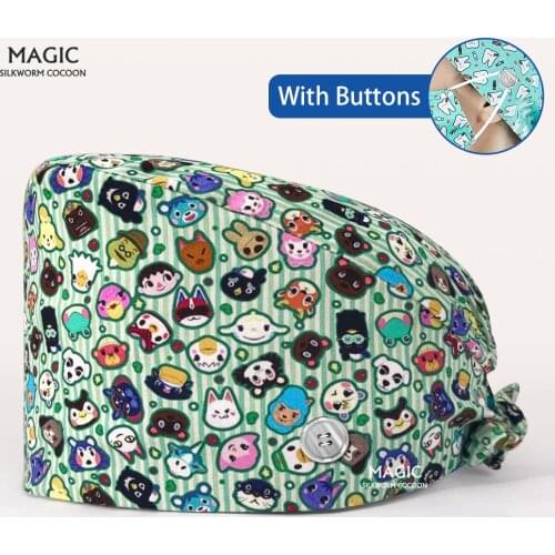 Laboratory Scrub Cap Beautician Accessories 100% Cotton Cartoon Print Flower Nursing Cap Ladies Dentist Cap Pet Clinic Nurse Cap