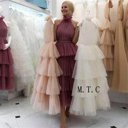 2019 Hot Selling Tiered Tulle Prom Dresses High Neck A Line Long Evening Party Gown Custom Made Women Occasion Dress Cheap