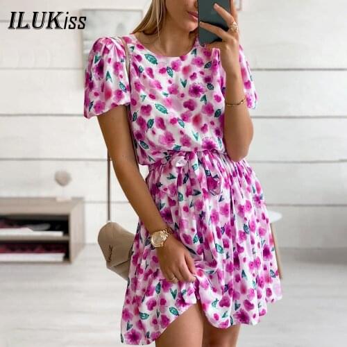 2021 Fashion Women Short Sleeve Mini Dress Summer Print O Neck Lace Up Red Dresses Casual Elegant Vestidos Womens Clothing