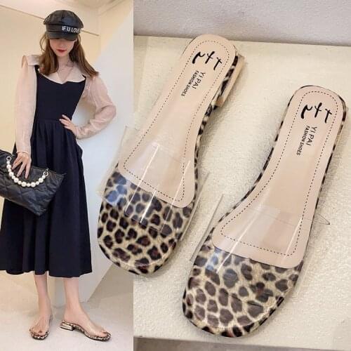 Fashion Women Sandals Low Heels 1.18 Inches Beautiful Transparent Sexy Leopard Pattern Slippers（Size 35-40