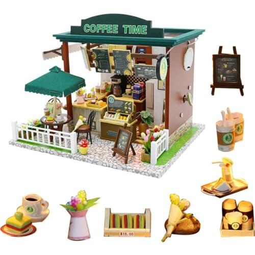 Coffee dollhouse kit diy wooden doll house 1:24 dolls house miniatures house accessories toys for children poppenhuis bouwpakke