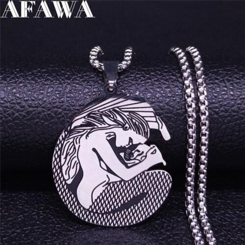 AFAWA Summer Mermaid and Baby Stainless Steel Necklace Chain Women Silver Color Necklace Jewelry collar mujer N3313S01