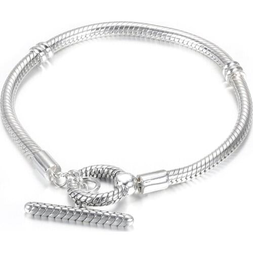 Authentic S925 Silver Bead Charm Dangle Bracelet for Women Moments T-Bar Clasp Snake Chain Bracelet Girl Lady Gift