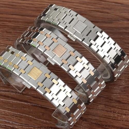 Luxury Brand watchband 21mm 26mm Silver Men women Full Stainless Steel Watch Band Bracelet For AP ROYAL OAK strap buckle logo on