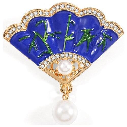 Retro Simulated Pearl Glaze Blue Fan Green Bamboo Golden Brooches For Women Alloy Accessories Jewelry