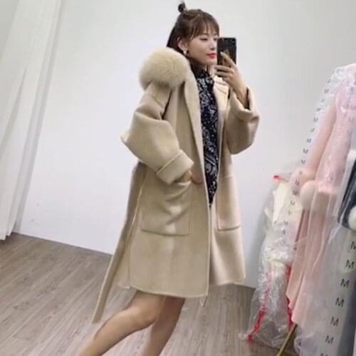 Luxury 2020 Cashmere Wool Blended Hooded Real Fur Coat Plus Size Winter Jacket Natural Fox Fur Collar Oversize Overcoat Belt