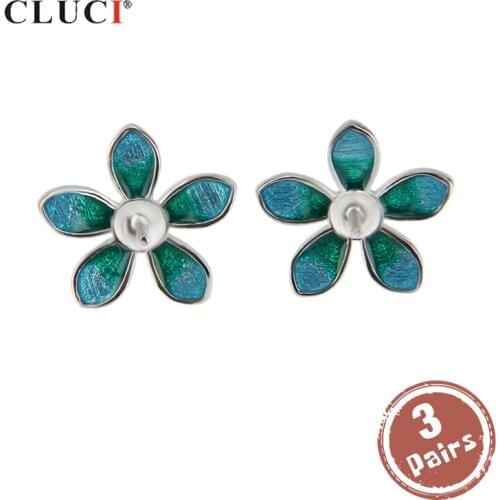 CLUCI 3 pair Silver 925 Blue Clover Earrings for Women Pearl Earrings Mounting 925 Sterling Silver Stud Earrings SE050SB