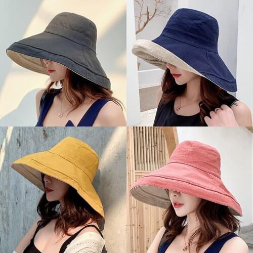 2021anti-UV wide Brim cotton linen sun hat for women vacation summer panama foldable bucket hat large brim korean beach sun hat