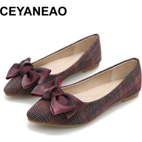 CEYANEAO2020 Women Flats Pointed Toe Satin Bow Shoes Spring Breathable Loafers Ladies Slip On Shallow Comfort Single Shoes