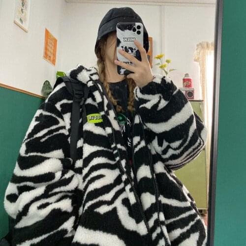 Street hip hop retro zebra Plush bag loose large Hooded Coat men and women fashion winter coats jackets