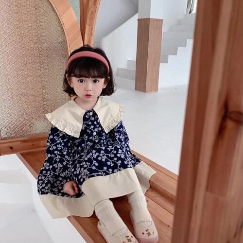 Korean style retro floral patchwork long sleeve dress Girls cotton big turn-down collar princess dresses