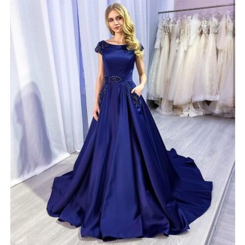 Evening Dresses 2020 Royal Blue Crystal Beading A-Line Satin Pocket Formal Gowns Court Train Luxury Cap Sleeve Floor Length