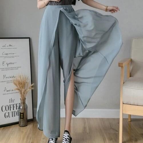 Summer Thin Women Chiffon Skirt Pants Wide Legs Irregular Wild Korean Fashion Pantalones Mujer High Waist Casual Loose Trousers