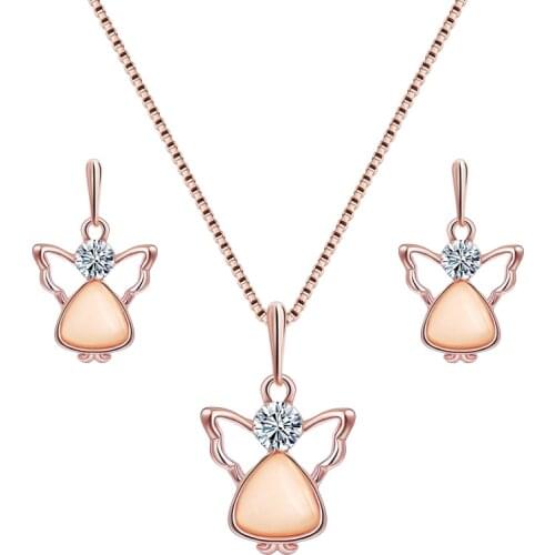 SHUANGR Natural Stone Jewelry Sets Angel Shape For Women Gold-color Chain Champagne Pendant Necklace Earrings bijoux femme