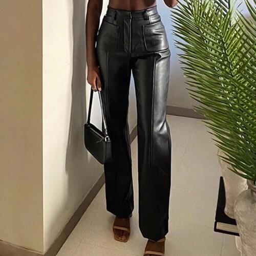 Women Autumn women stretch pants Black Brown Women Sexy Faux Leather Loose High Waist Trousers Straight Pants ropa mujer 2020