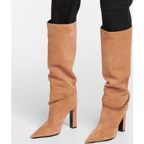 Metal Chain Decoration Chunky High Heel Boots Womens Knee High Boots Genuine Leather Slip on Winter Shoes Big Size 43