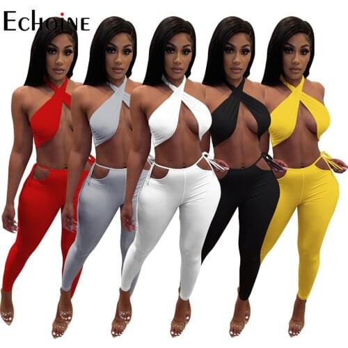 Echoine 2021 Women Solid Sexy Hollow Two Piece Set Hanging Neck Backless Crop Top Cut Out Skinny Clothes Party Nightclub Outfits