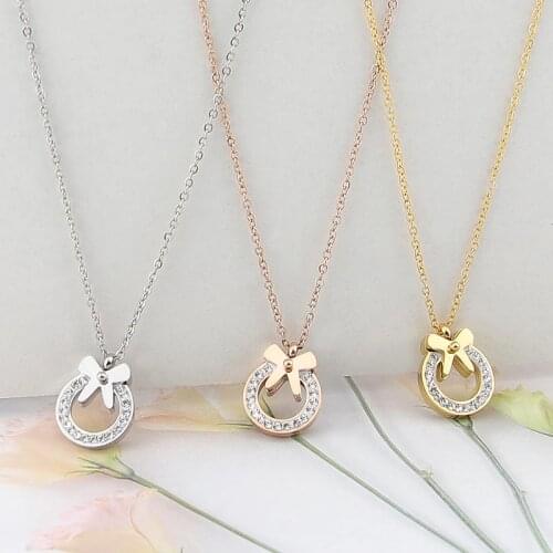 Fashion Bow Crystal Circle Pendant Necklace Stainless Steel Necklace for Women Gift Necklace Jewelry Free Shipping Wholesale